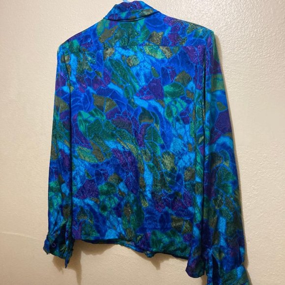 Vintage EJ Harper Women's Geometric Floral Long Sleeve Satin Top Size 10 - Picture 4 of 6